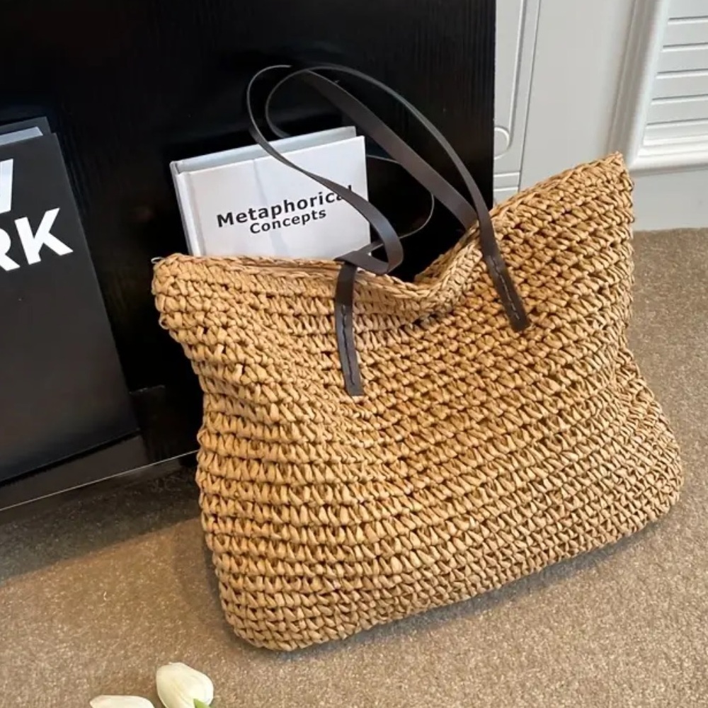 Woven Straw Tote Bag Large Shoulder Beach Purse Tan Brown Zipper Closure - Picture 3 of 6